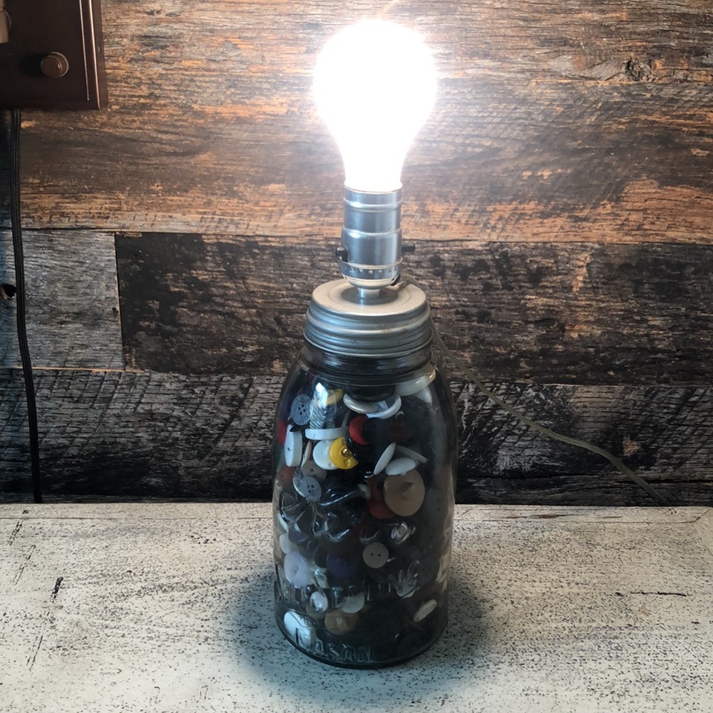 Mason Jar Lamp filled with Vintage Buttons